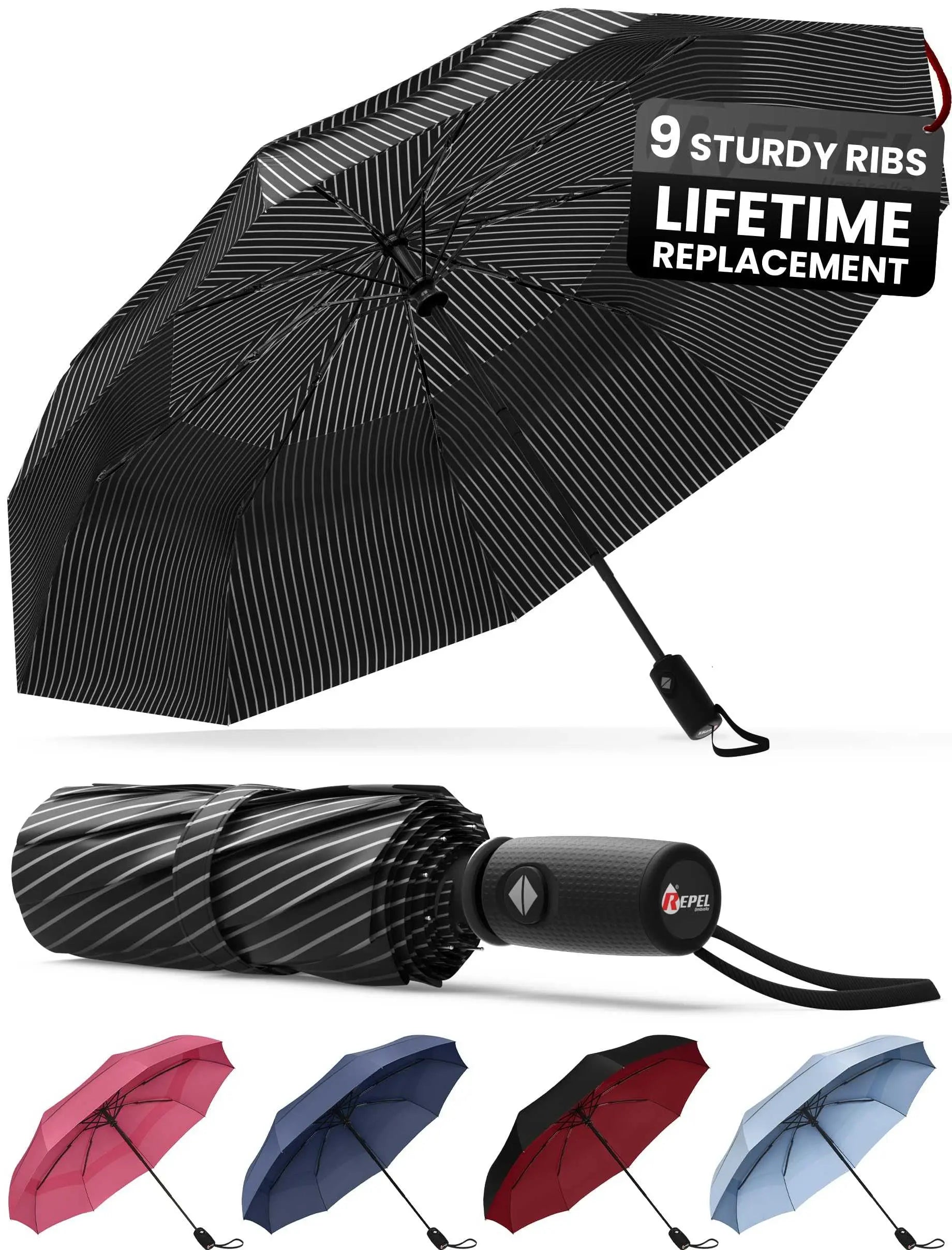 Repel Umbrella Windproof Travel Umbrella, auto open close, durable and compact, strong fiberglass frame, waterproof canopy, portable for travel.