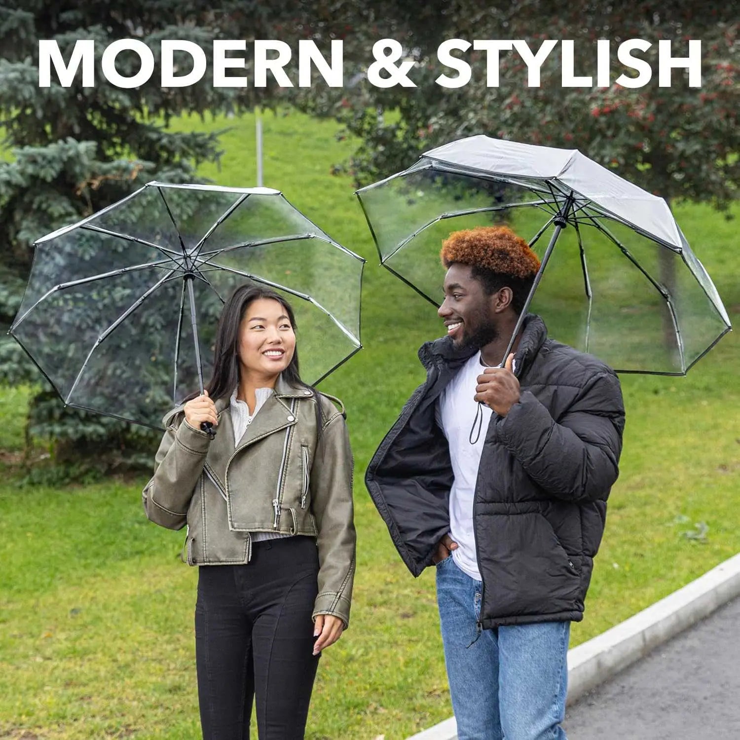 Modern and stylish individuals using Repel Umbrella windproof travel umbrellas, offering durability and compact design for rain protection.