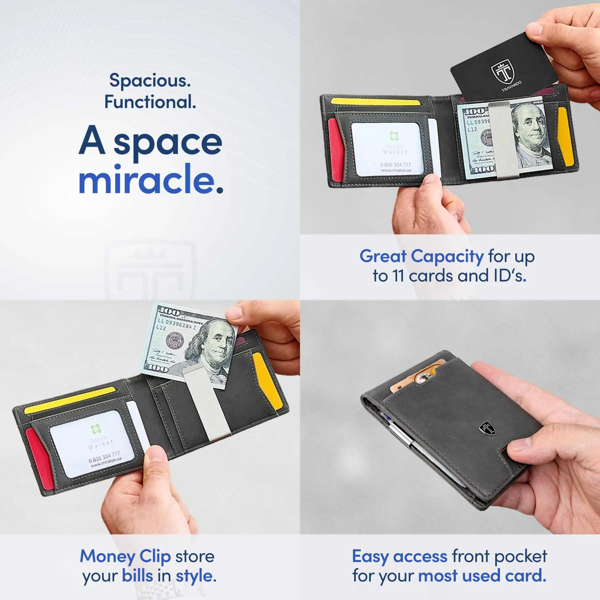 TRAVANDO Mens Slim Wallet with Money Clip and RFID Blocking, functional and stylish credit card holder.