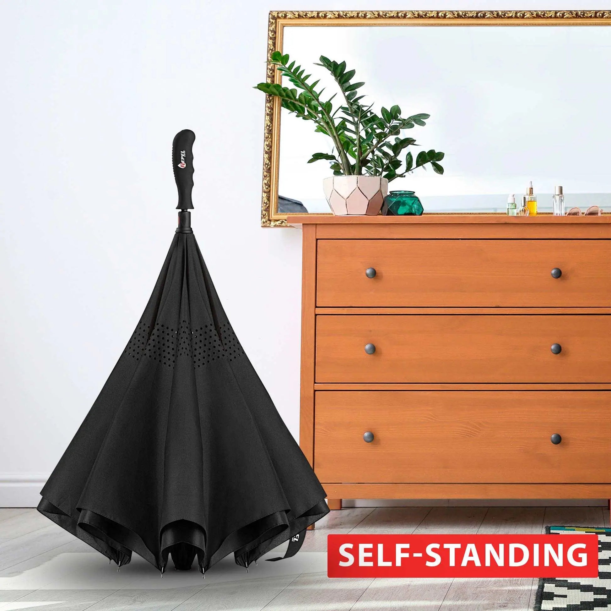 Repel Umbrella Windproof, self-standing black travel umbrella, durable and compact with waterproof canopy, ideal for purse or backpack.