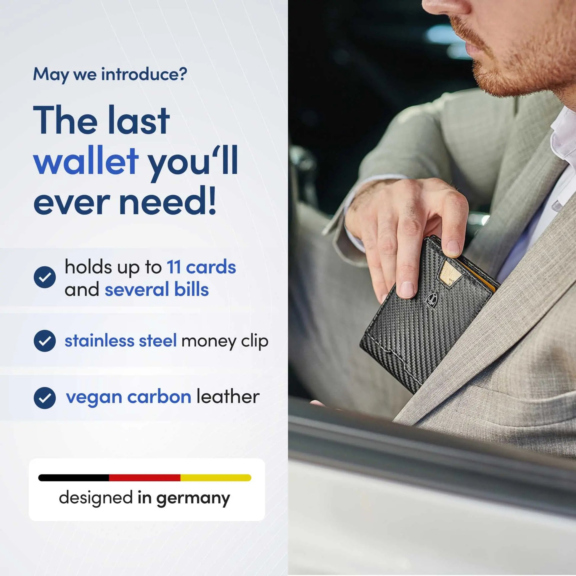 TRAVANDO Mens Slim Wallet with Money Clip, RFID Blocking, Carbon Design, 11 Card Holder, Gift Box Included, Designed in Germany.
