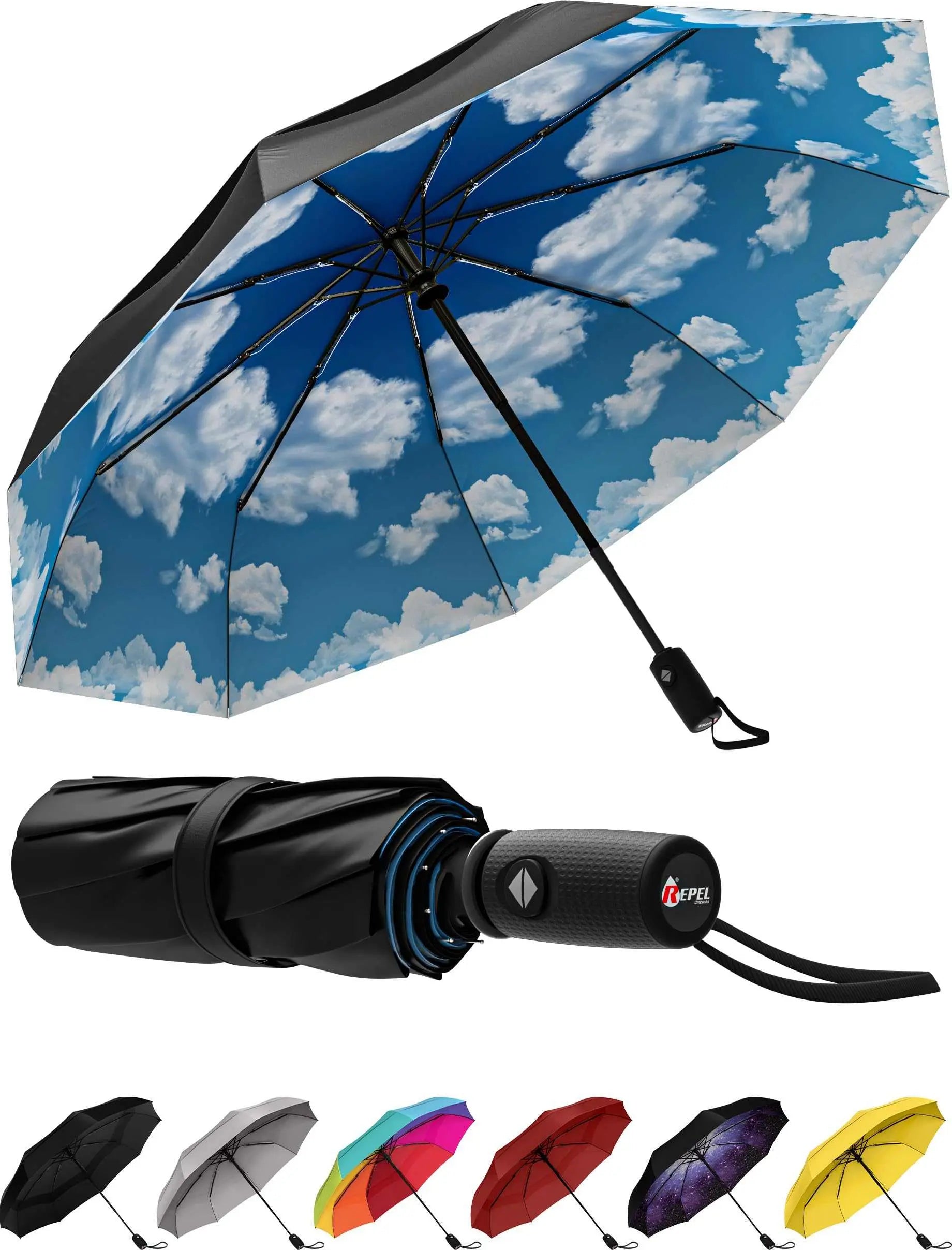 Repel Umbrella Windproof Travel Umbrella with Durable Fiberglass Frame and Auto Open-Close Function.