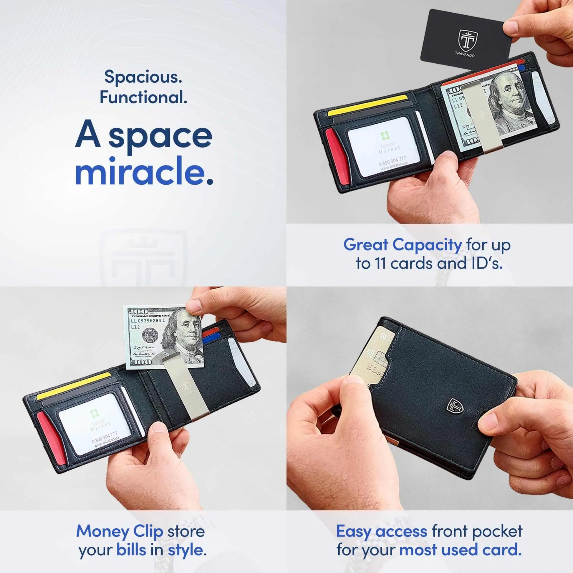 TRAVANDO Mens Slim Wallet with RFID blocking, 11 card capacity, and money clip in stylish carbon design.