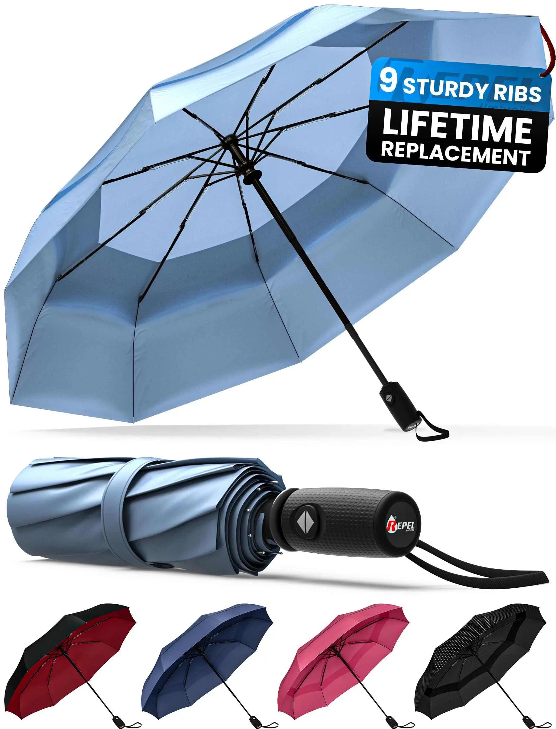 Repel umbrella windproof travel umbrella with auto open/close, durable fiberglass frame, waterproof canopy, compact size for travel.