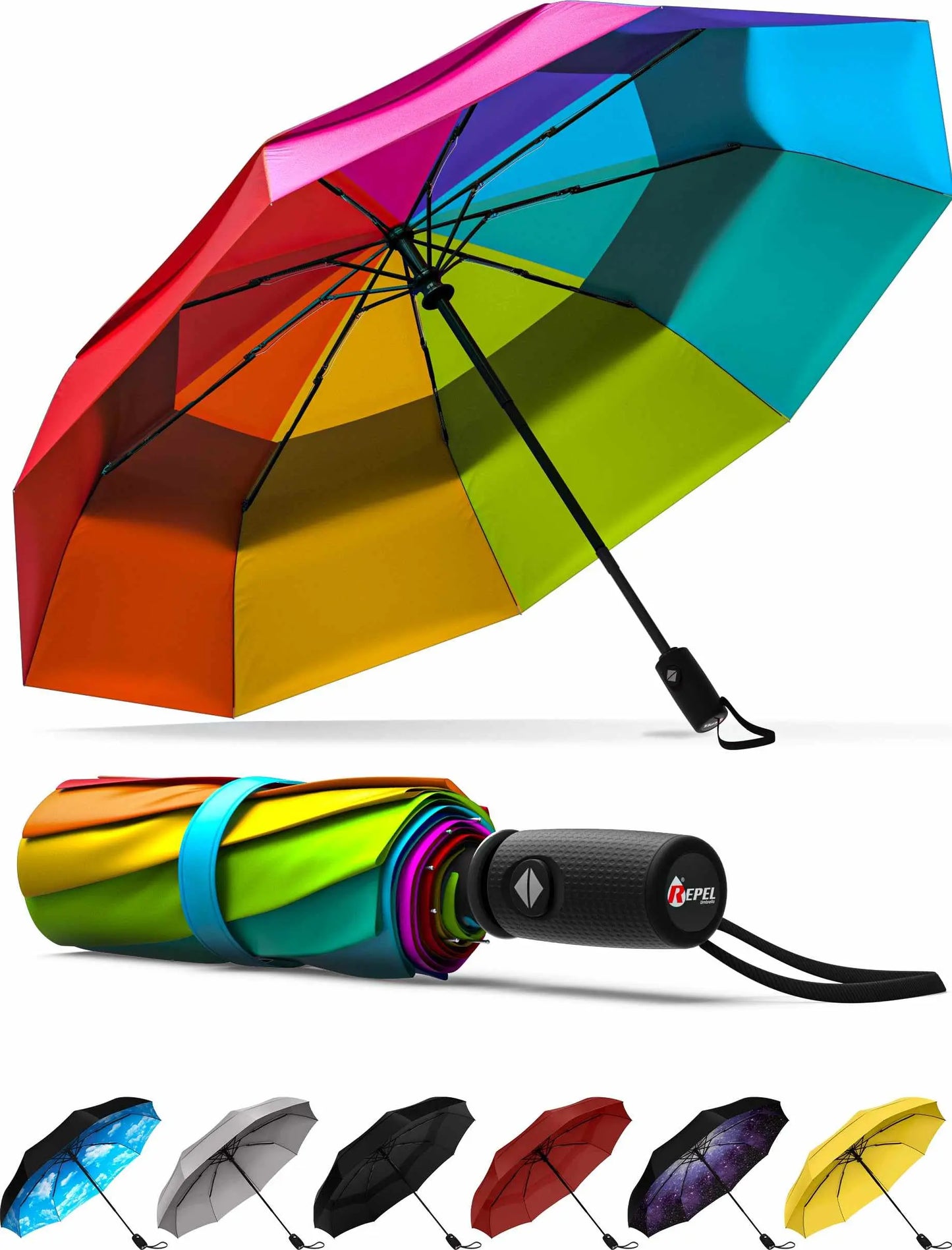 Repel Umbrella Windproof Travel Umbrellas, rainbow design, auto open/close, durable fiberglass frame.