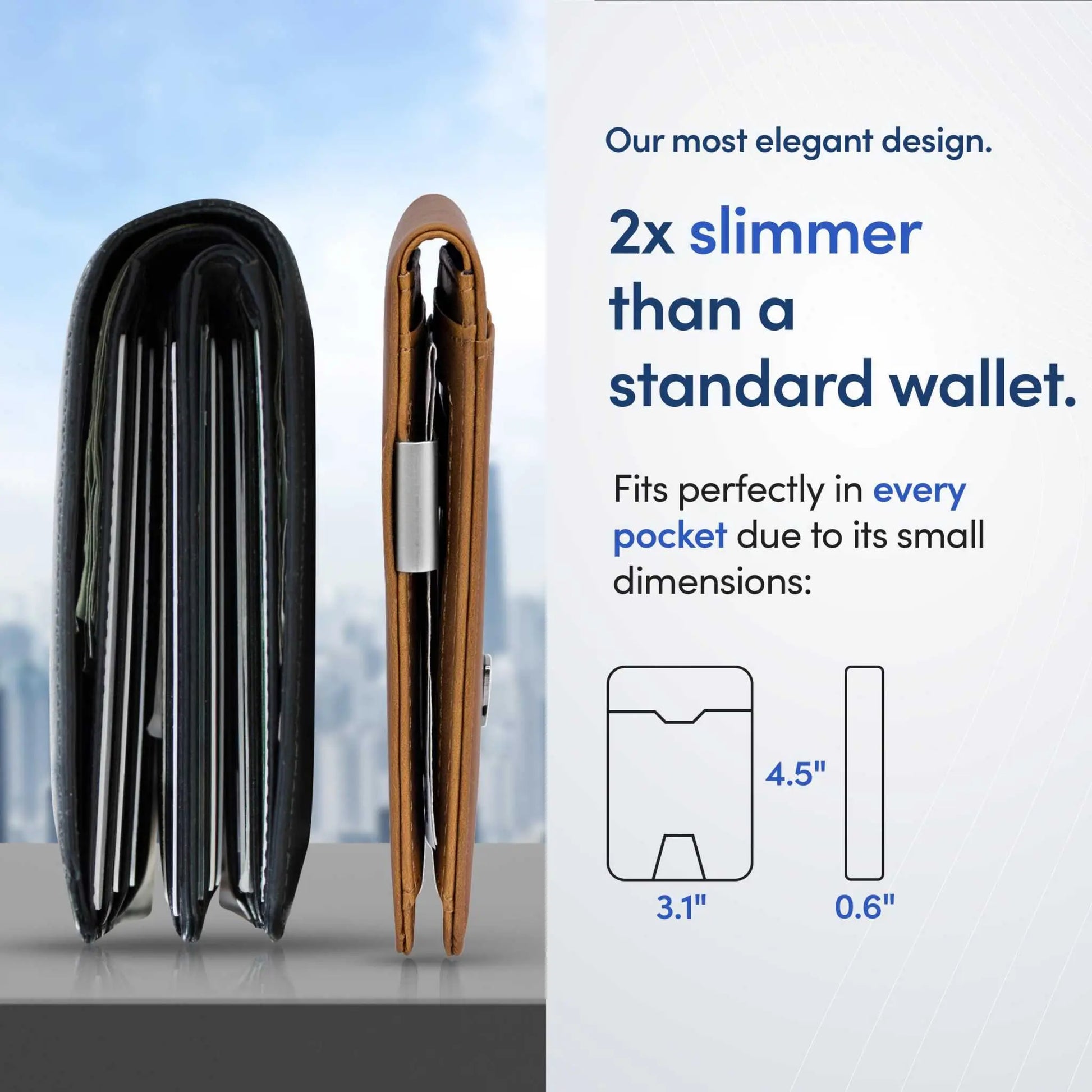TRAVANDO Mens Slim Wallet with Money Clip AUSTIN, RFID blocking, bifold design, compact size comparison, ideal for credit cards and bills.
