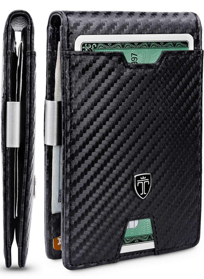 TRAVANDO Mens Slim Wallet with Money Clip in carbon design, featuring RFID blocking, 11 card pockets, and a sleek bifold style.