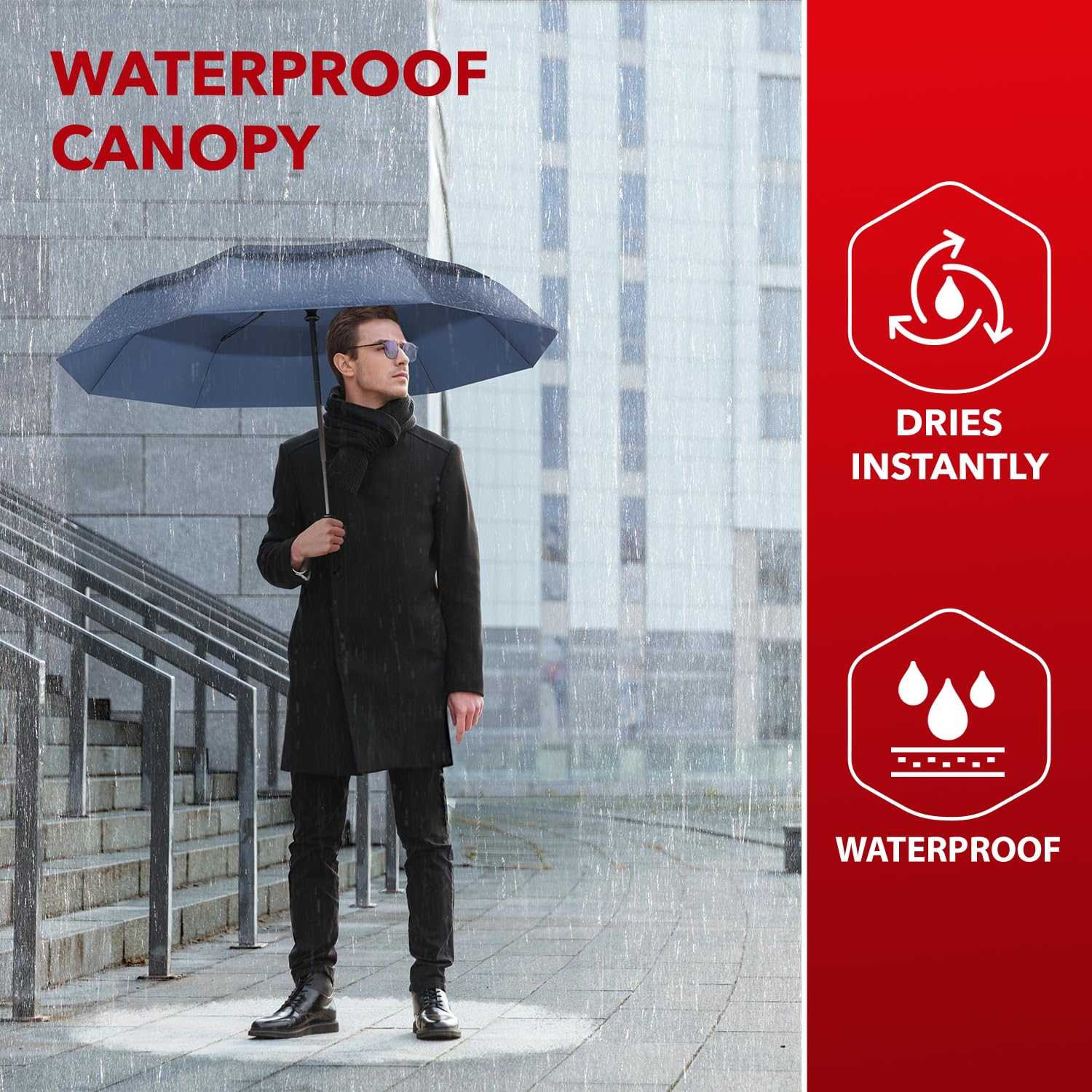 Windproof travel umbrella with waterproof canopy, auto open/close, and durable frame. Ideal for rain protection.