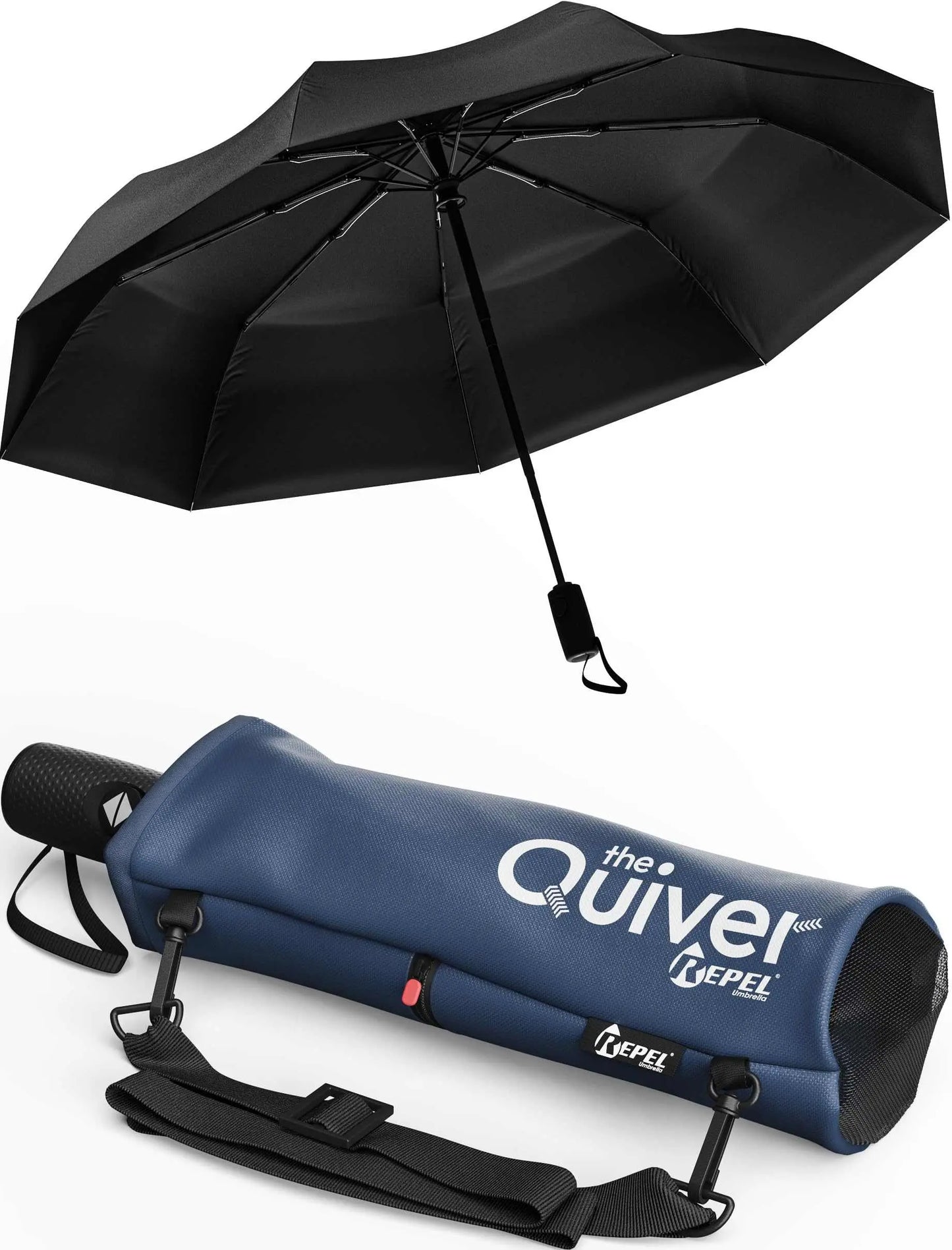 Repel umbrella windproof travel umbrella, black, with auto open/close, strong fiberglass frame, waterproof canopy, portable for travel.