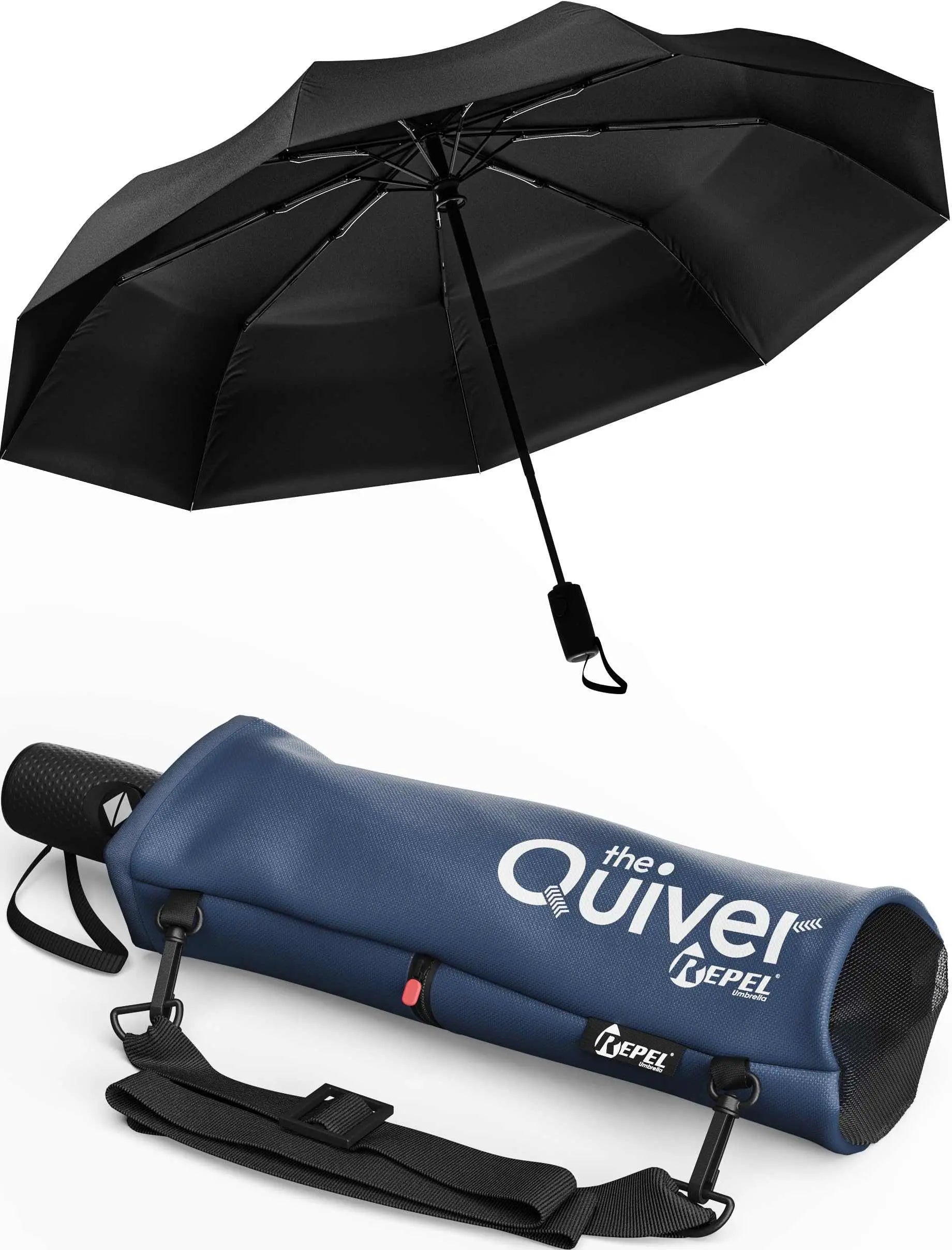 Repel umbrella windproof travel umbrella, black, with auto open/close, strong fiberglass frame, waterproof canopy, portable for travel.