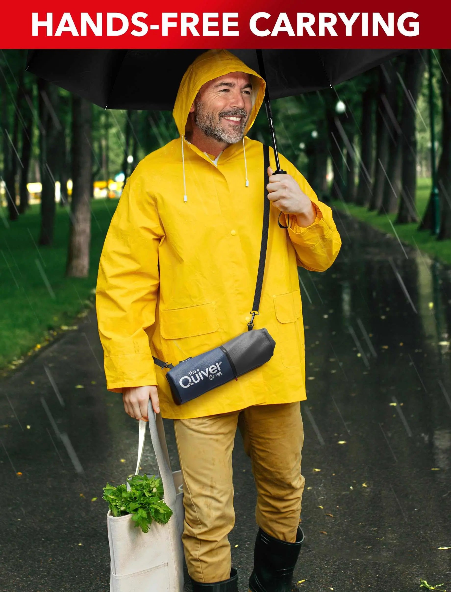 Man in yellow raincoat using Repel Umbrella Windproof for hands-free carrying in rainy weather.