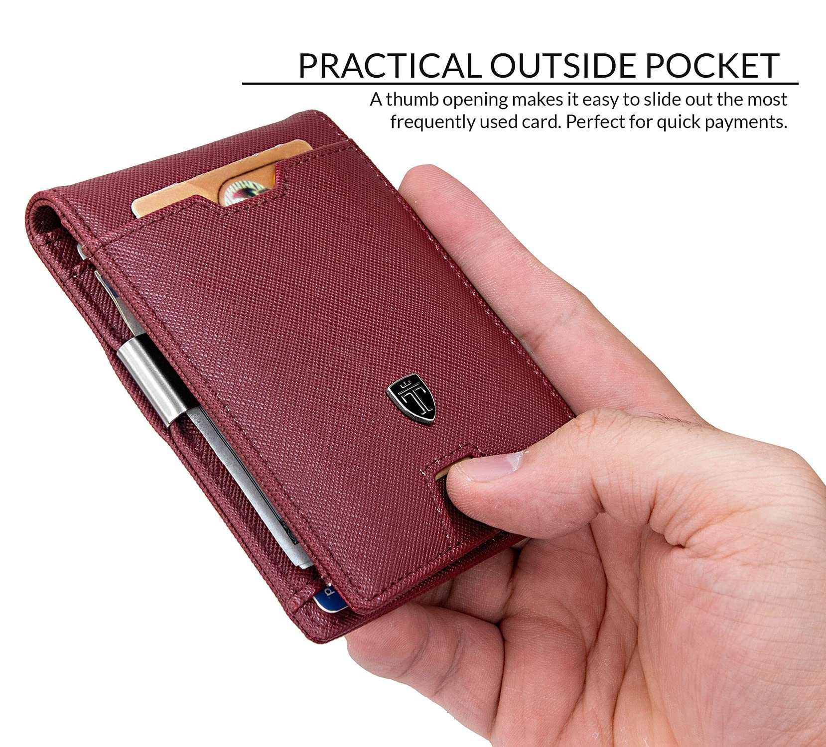 TRAVANDO Mens Slim Wallet with practical outside pocket and money clip.