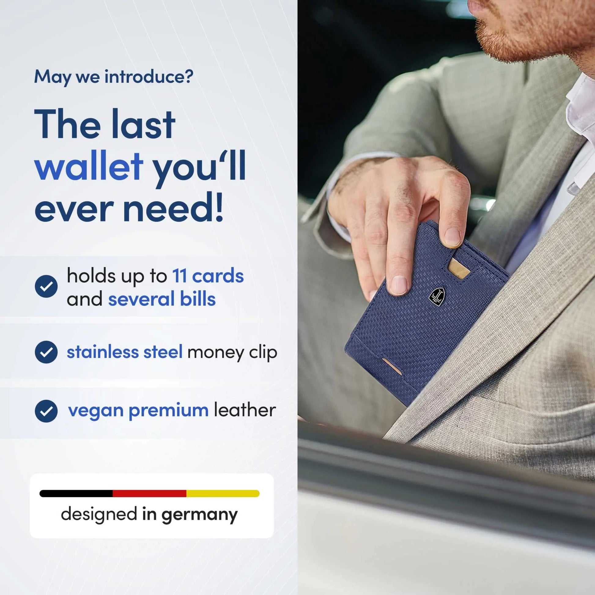 TRAVANDO Mens Slim Wallet with RFID blocking and money clip, designed in Germany.