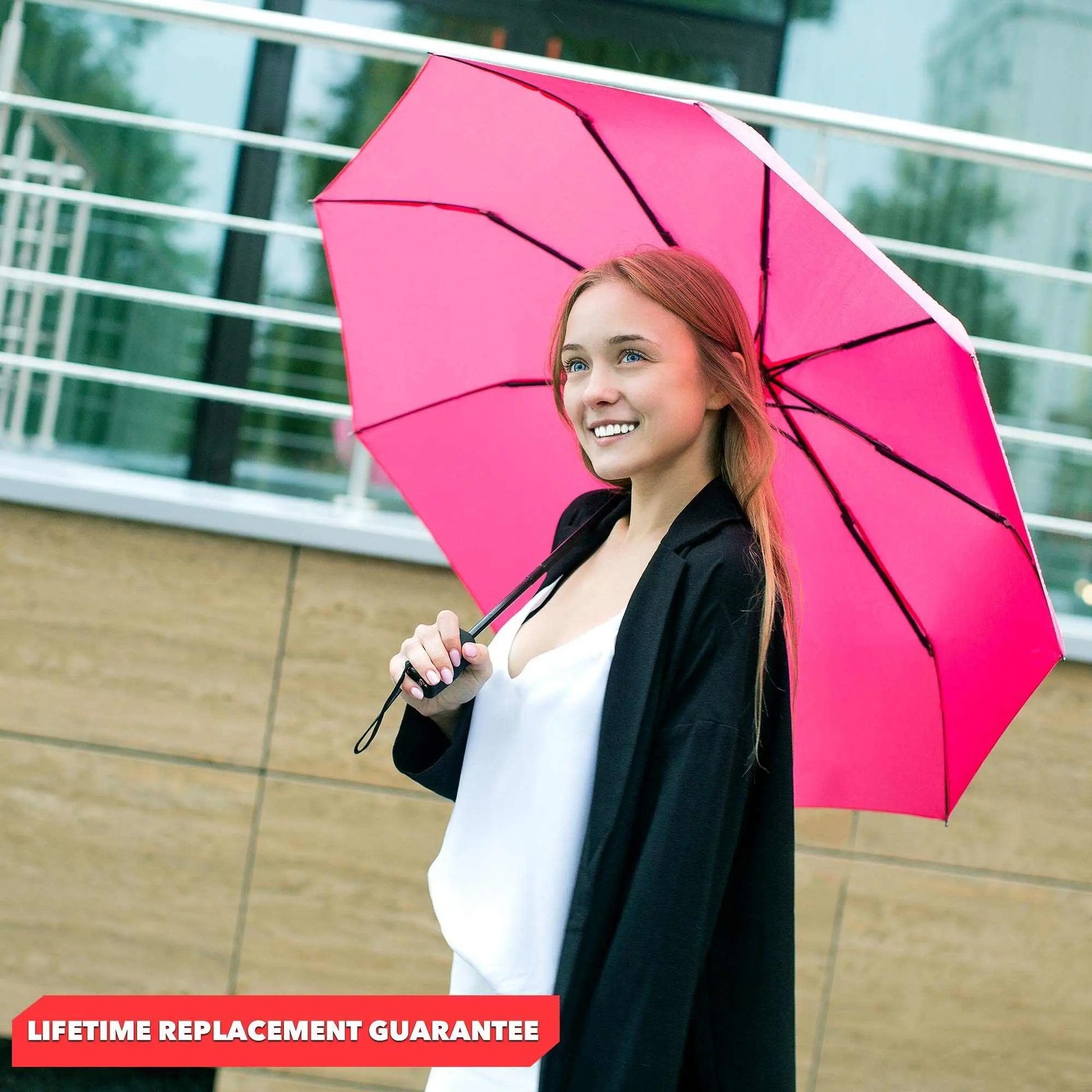 Repel Umbrella Windproof travel umbrella, pink canopy, auto open and close, durable fiberglass frame, portable for travel.