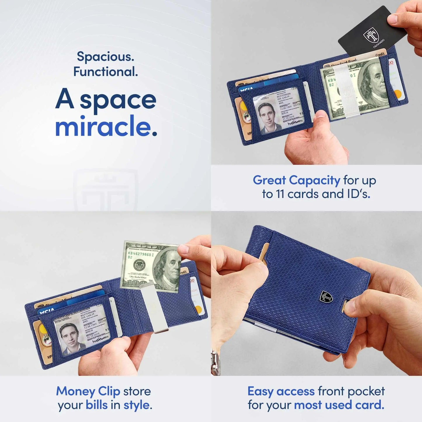 TRAVANDO Mens Slim Wallet with Money Clip, RFID Blocking, 11 Card Capacity, Carbon Design