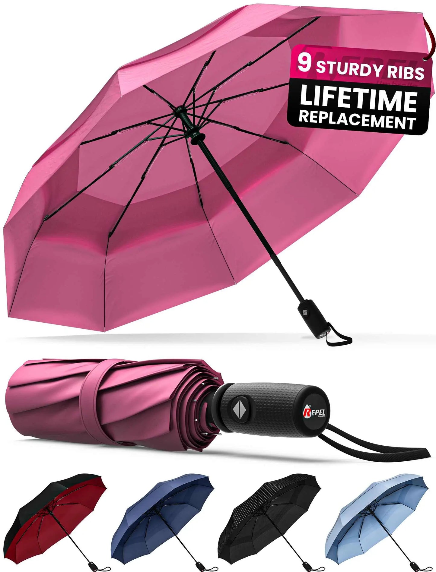 Repel Umbrella Windproof Travel, durable compact design, auto open/close, strong fiberglass frame, waterproof canopy.