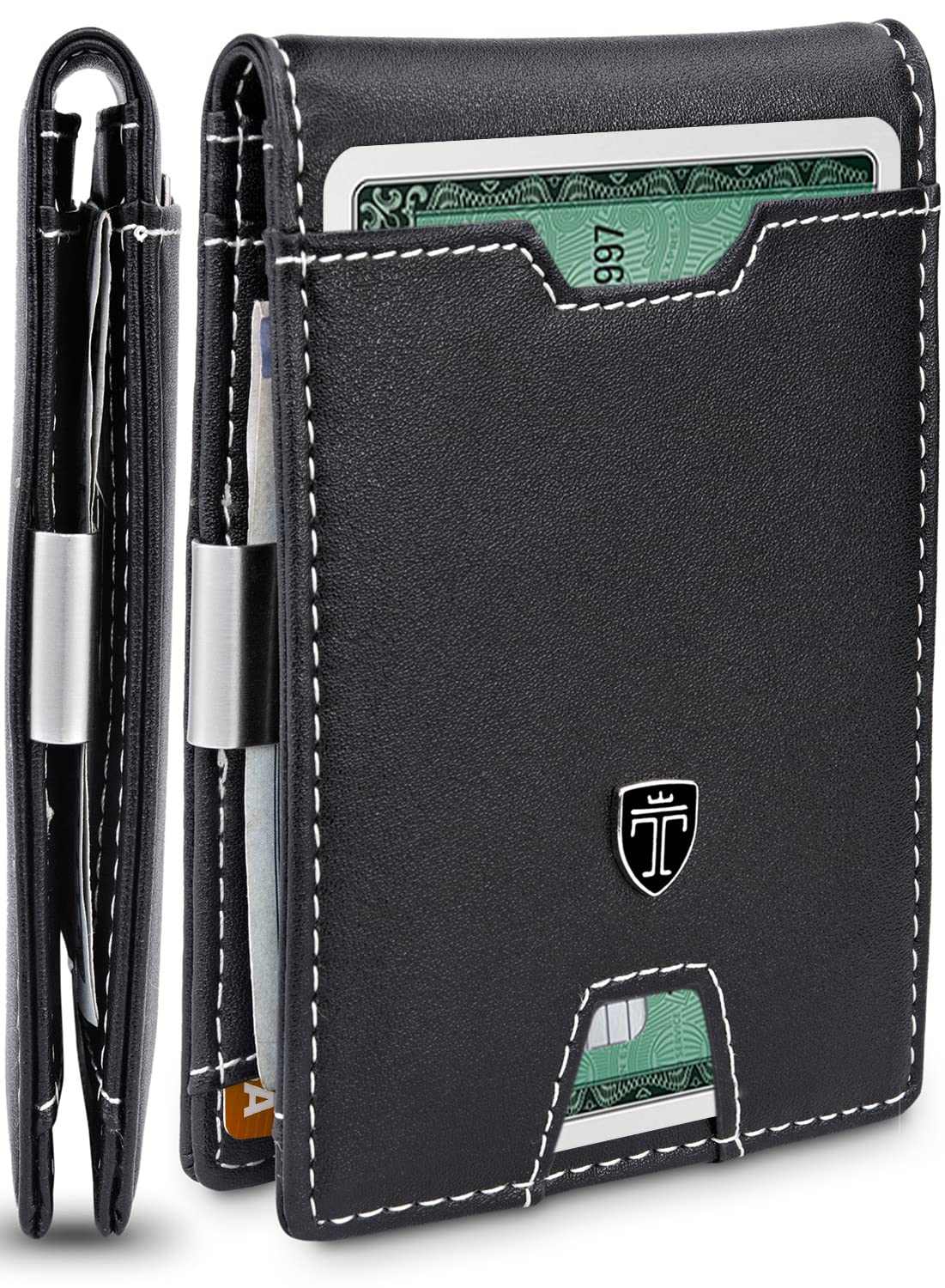 TRAVANDO Mens Slim Wallet with RFID blocking and money clip in carbon design.