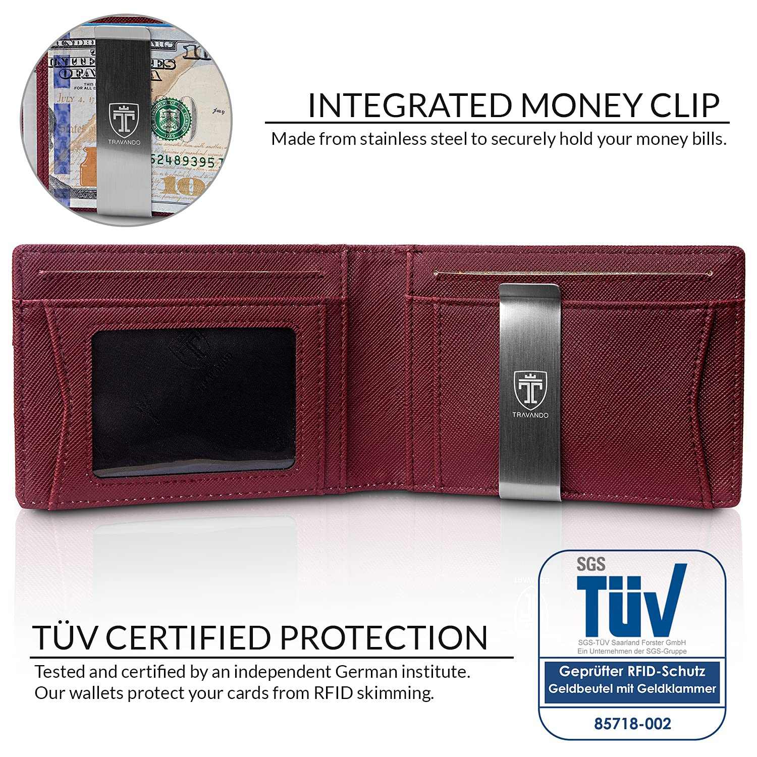 TRAVANDO Mens Slim Wallet with RFID protection and integrated money clip.