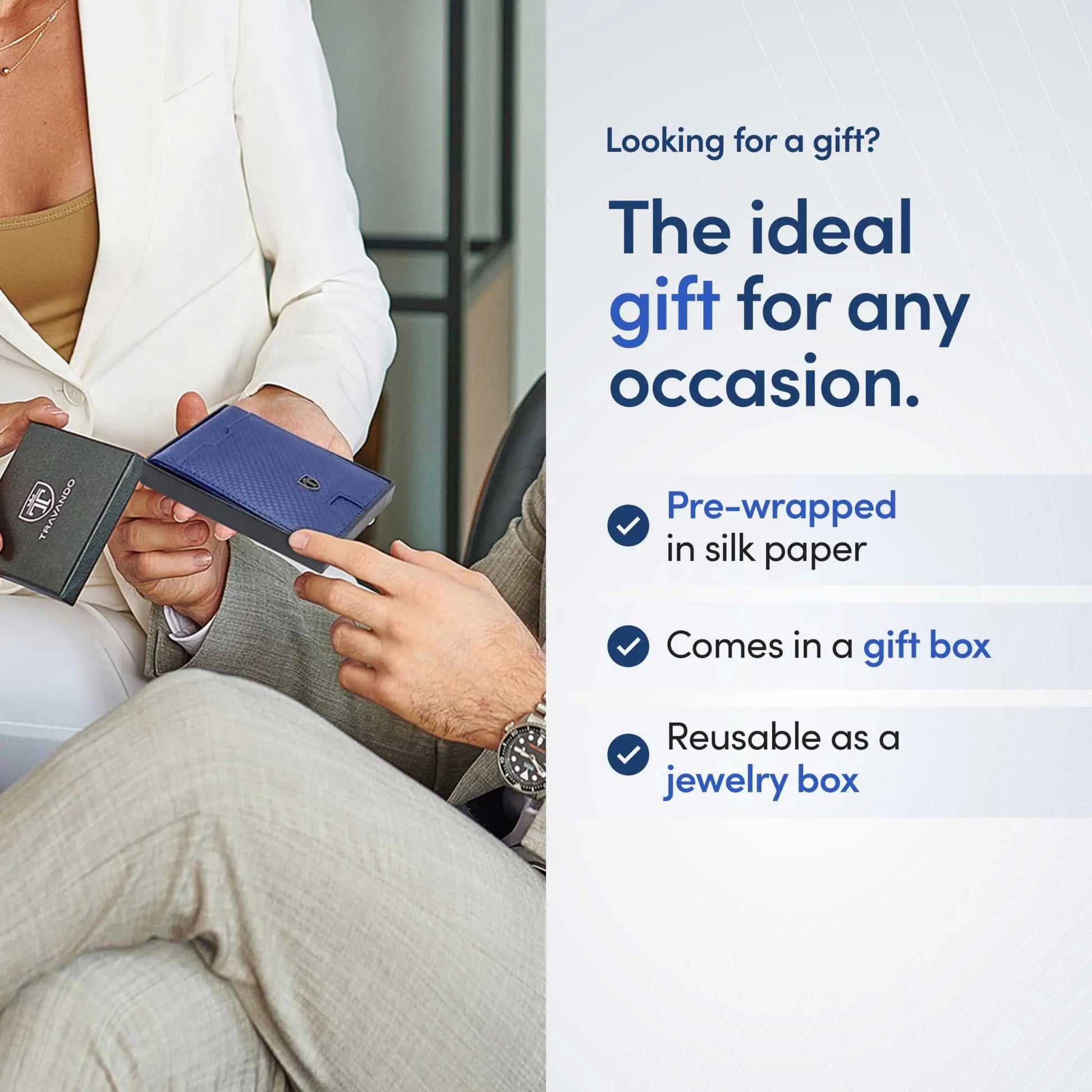 TRAVANDO Mens Slim Wallet with Money Clip, ideal gift with RFID protection, shown in elegant setting.