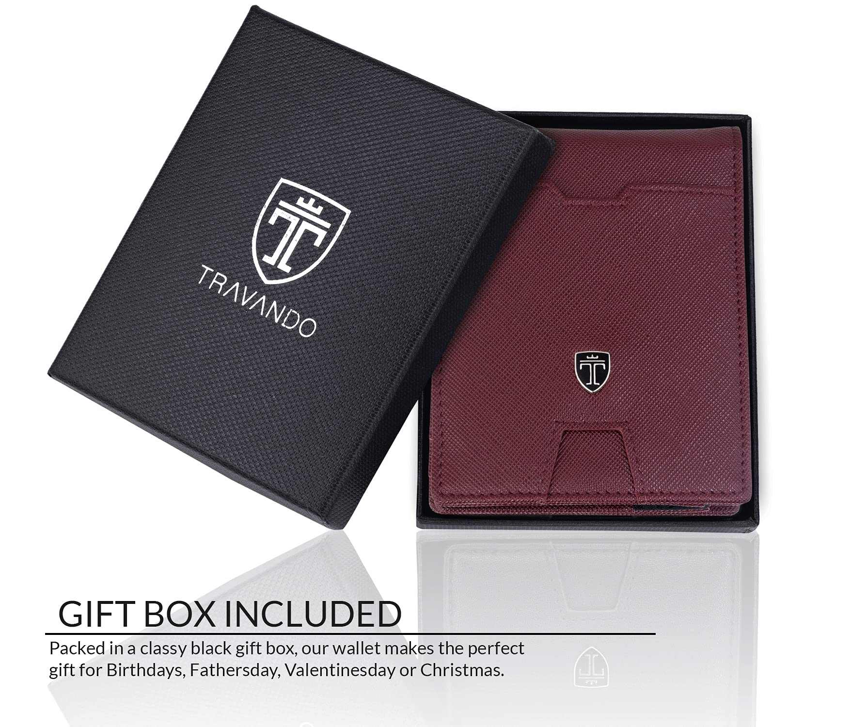 TRAVANDO Mens Slim Wallet with money clip and gift box, RFID blocking, stylish design.