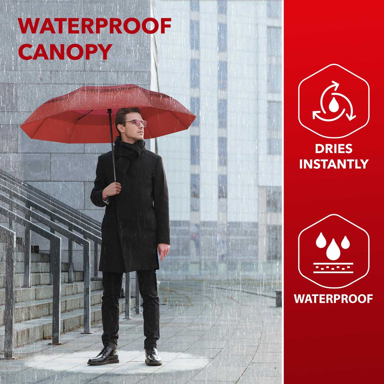Red umbrella with waterproof canopy used by a person in rain, highlighting windproof travel design and auto open-close feature.