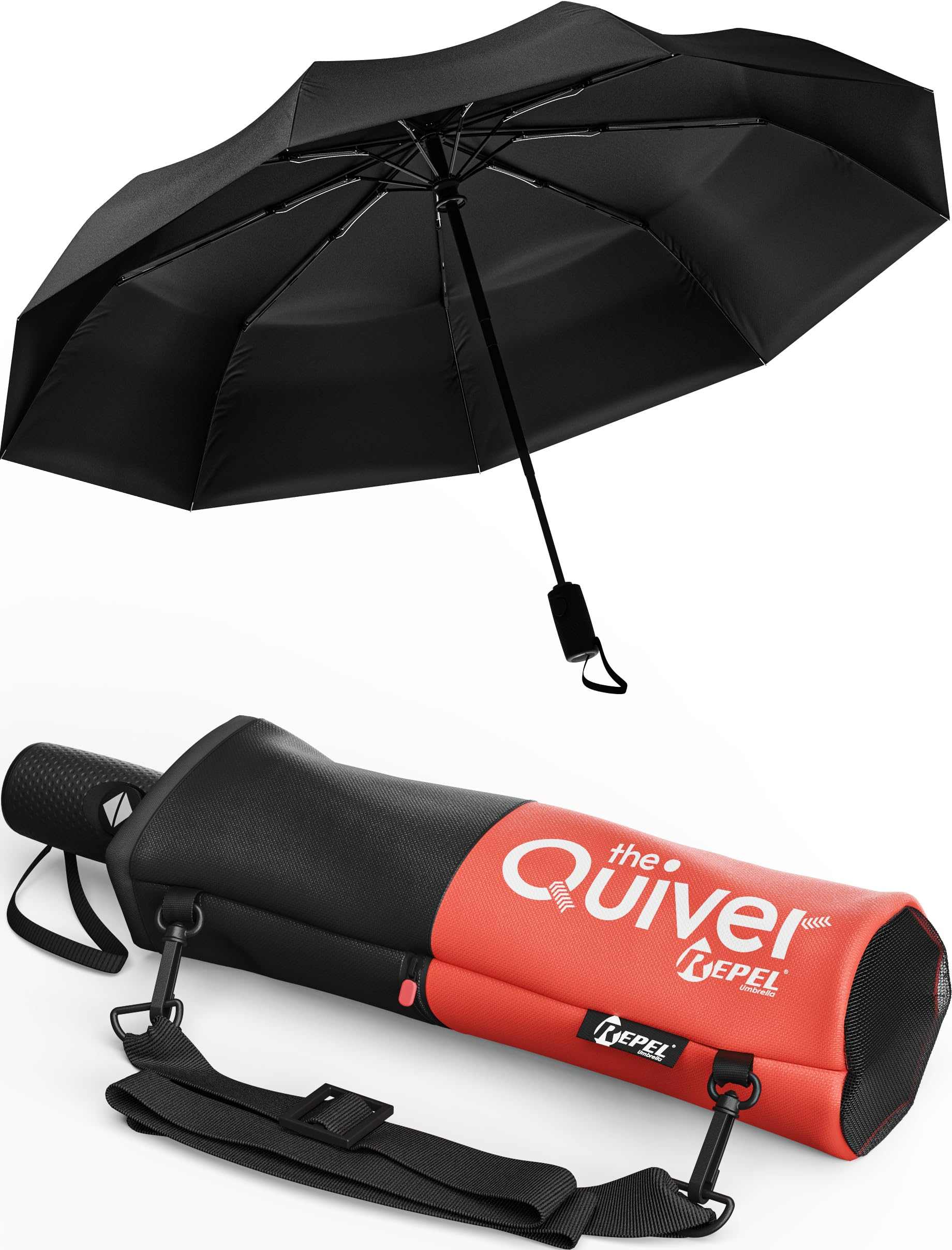 Windproof travel umbrella with durable fiberglass frame and waterproof canopy, easy auto open/close, compact for travel in backpack or purse.