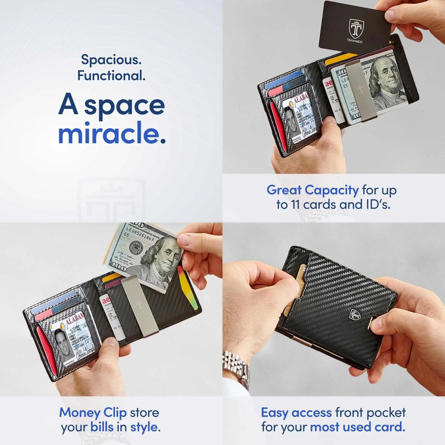 TRAVANDO Mens Slim Wallet with Money Clip, RFID Blocking, Carbon Design, 11 Card Capacity