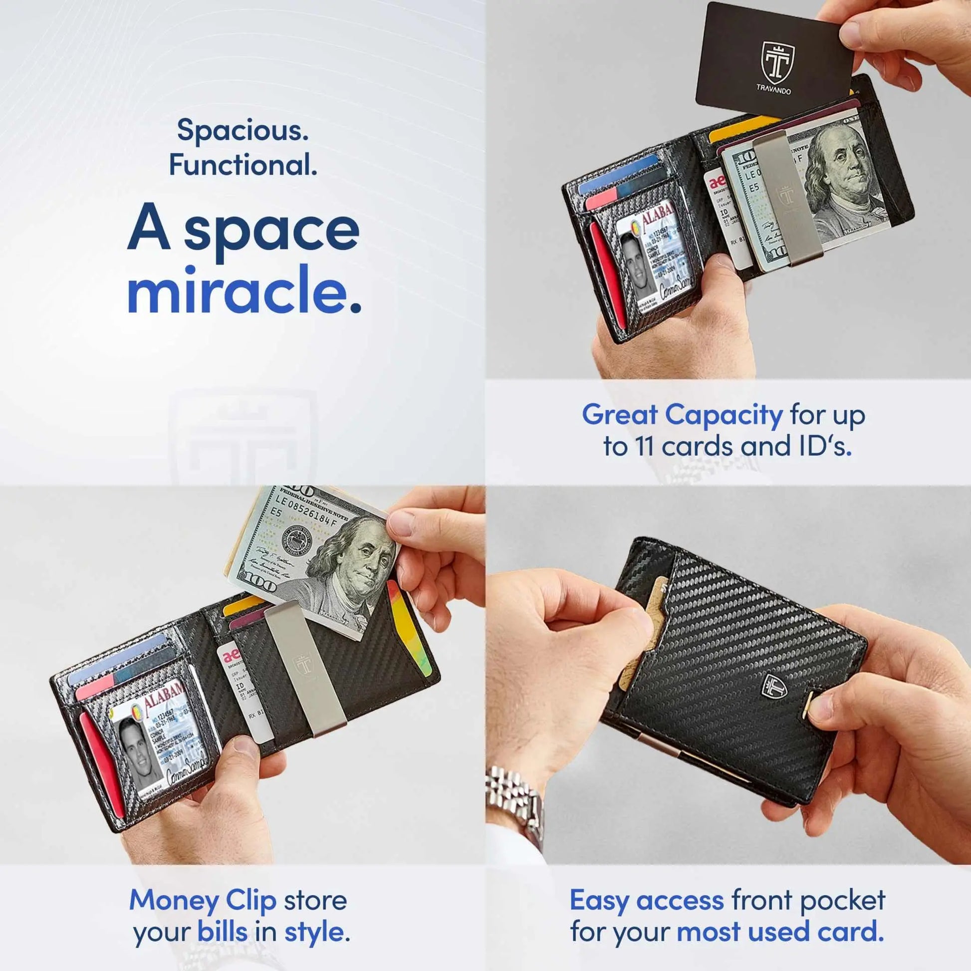 TRAVANDO Mens Slim Wallet with Money Clip, RFID Blocking, Carbon Design, 11 Card Capacity