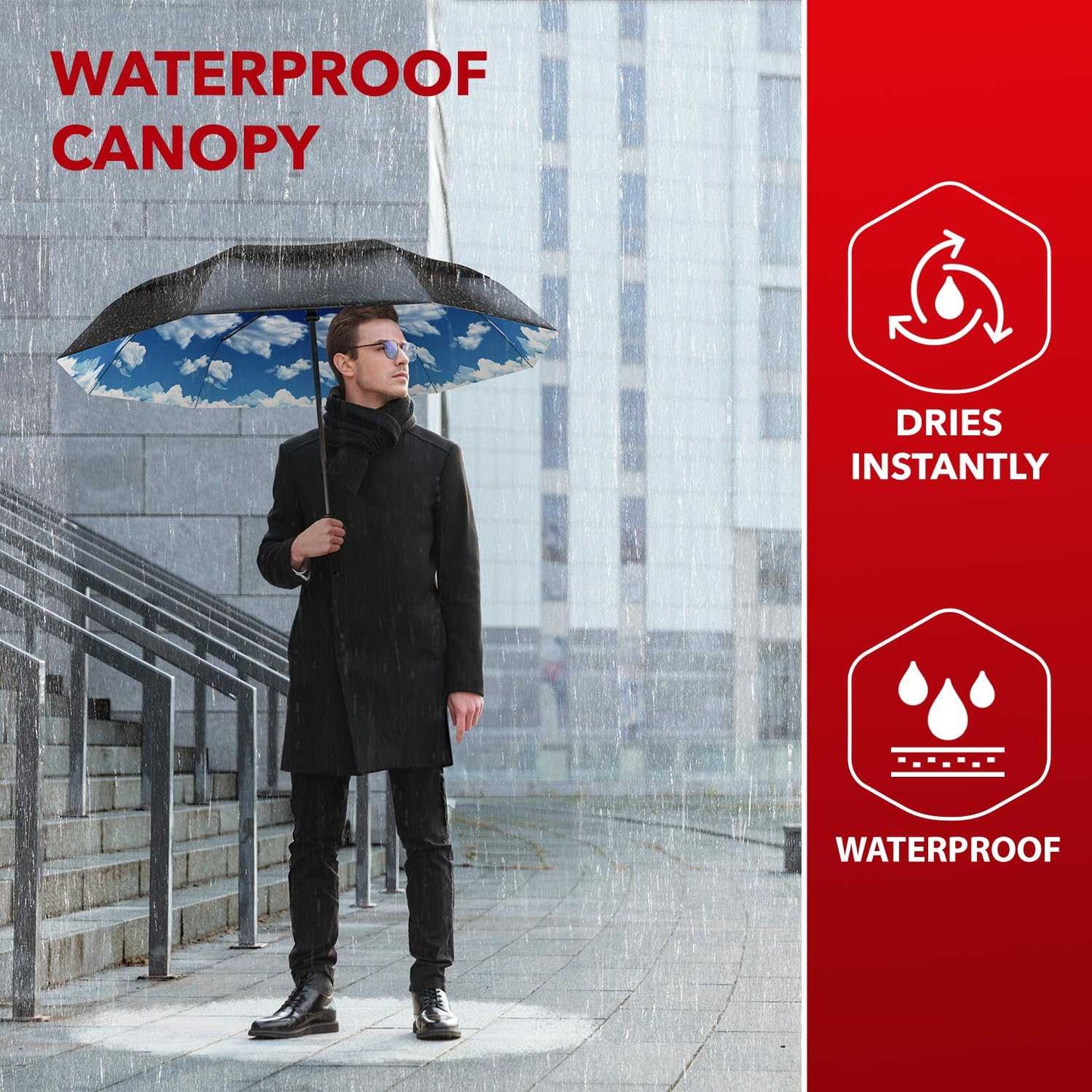 Windproof travel umbrella with waterproof canopy, featuring easy auto open and close function; durable and compact design for rain protection.
