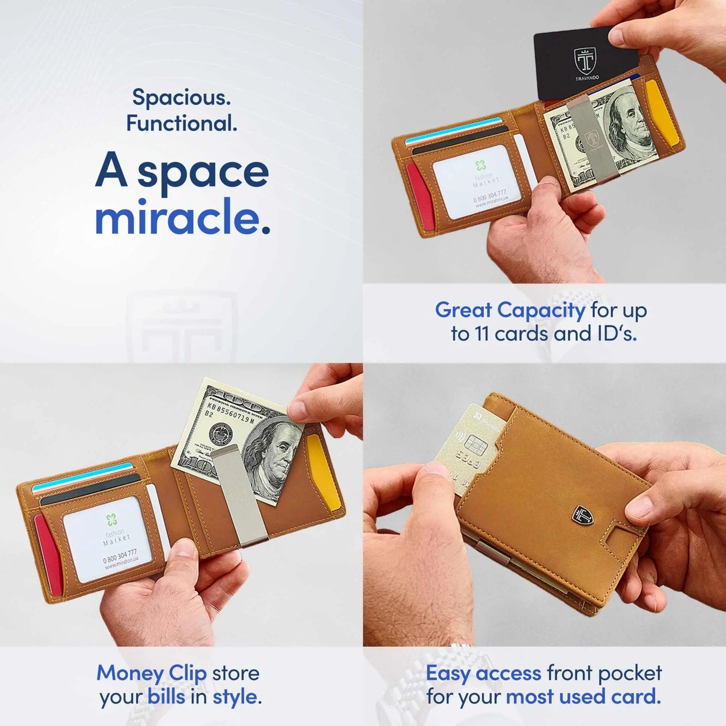 TRAVANDO Mens Slim Wallet with Money Clip, RFID Blocking Bifold, 11 Card Capacity, Carbon Design.
