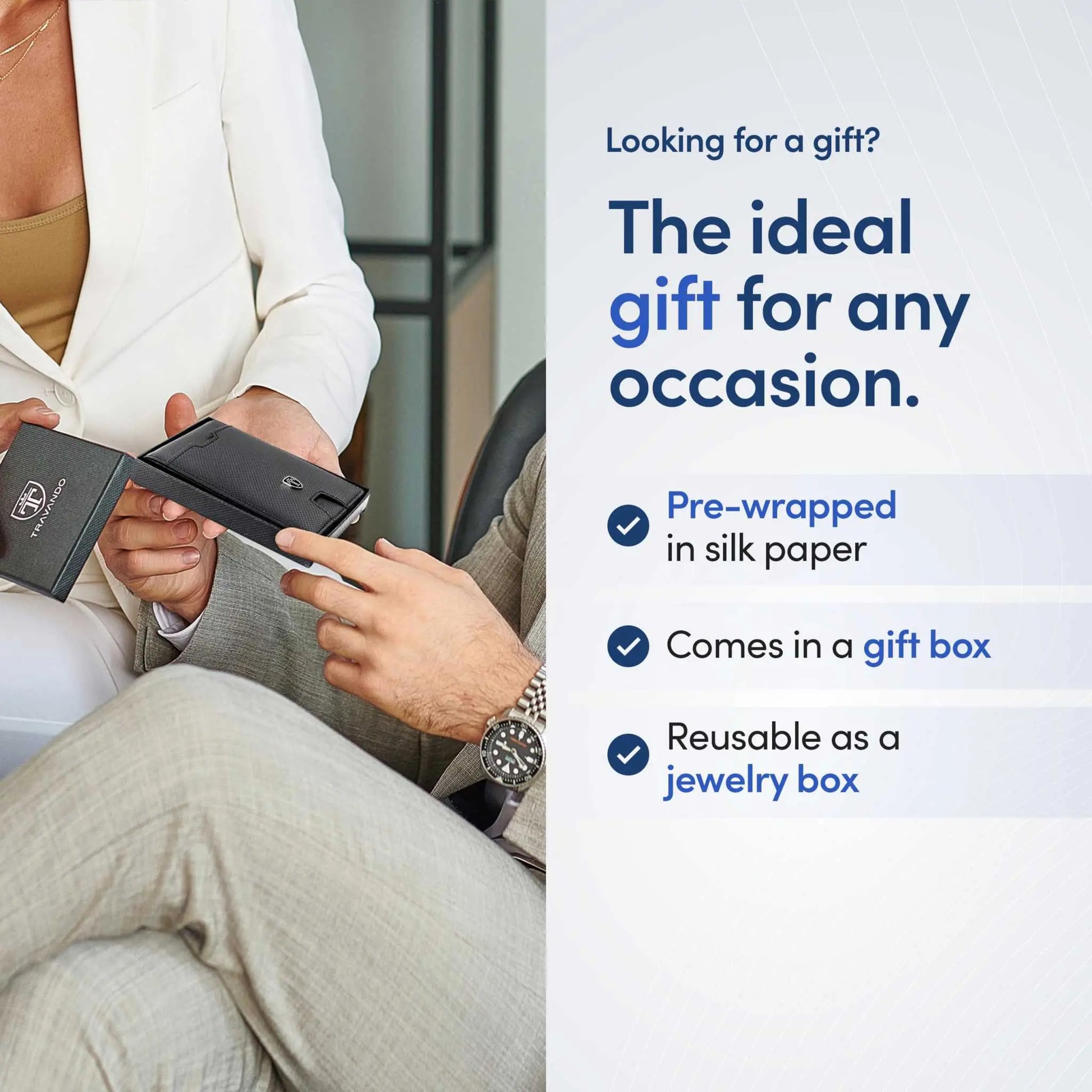TRAVANDO Mens Slim Wallet with RFID blocking and money clip, gift-ready in a stylish box.