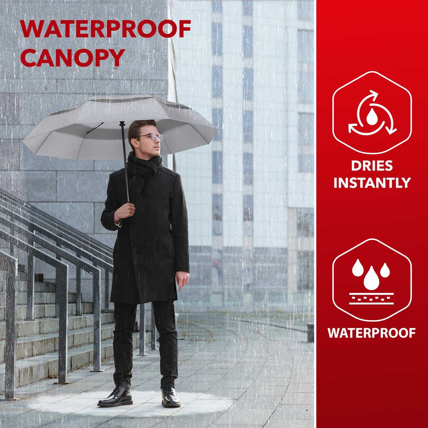 Repel Umbrella Windproof with waterproof canopy in use during rain.