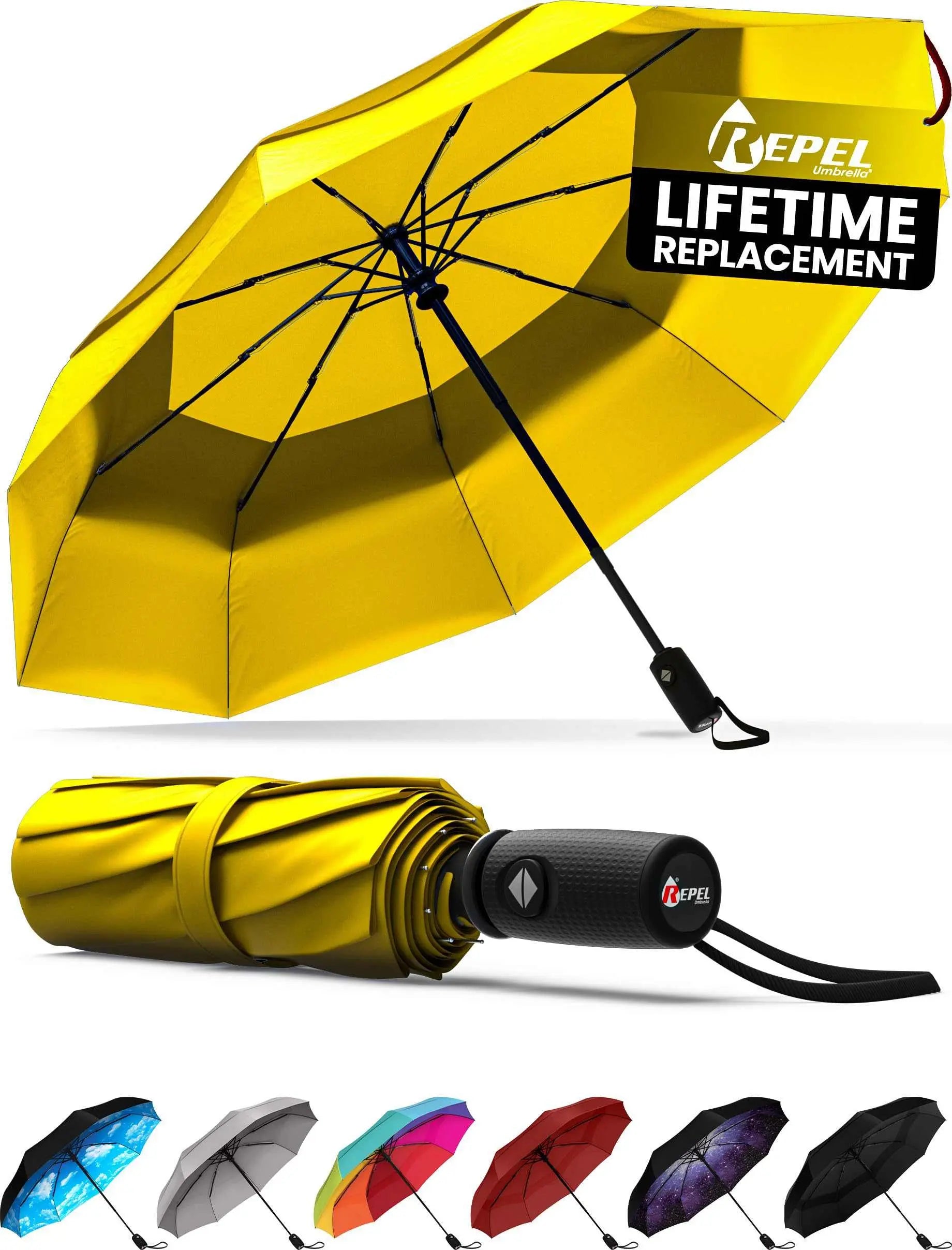 Windproof travel umbrella with auto open/close, strong fiberglass frame, waterproof canopy; ideal for backpack or purse.
