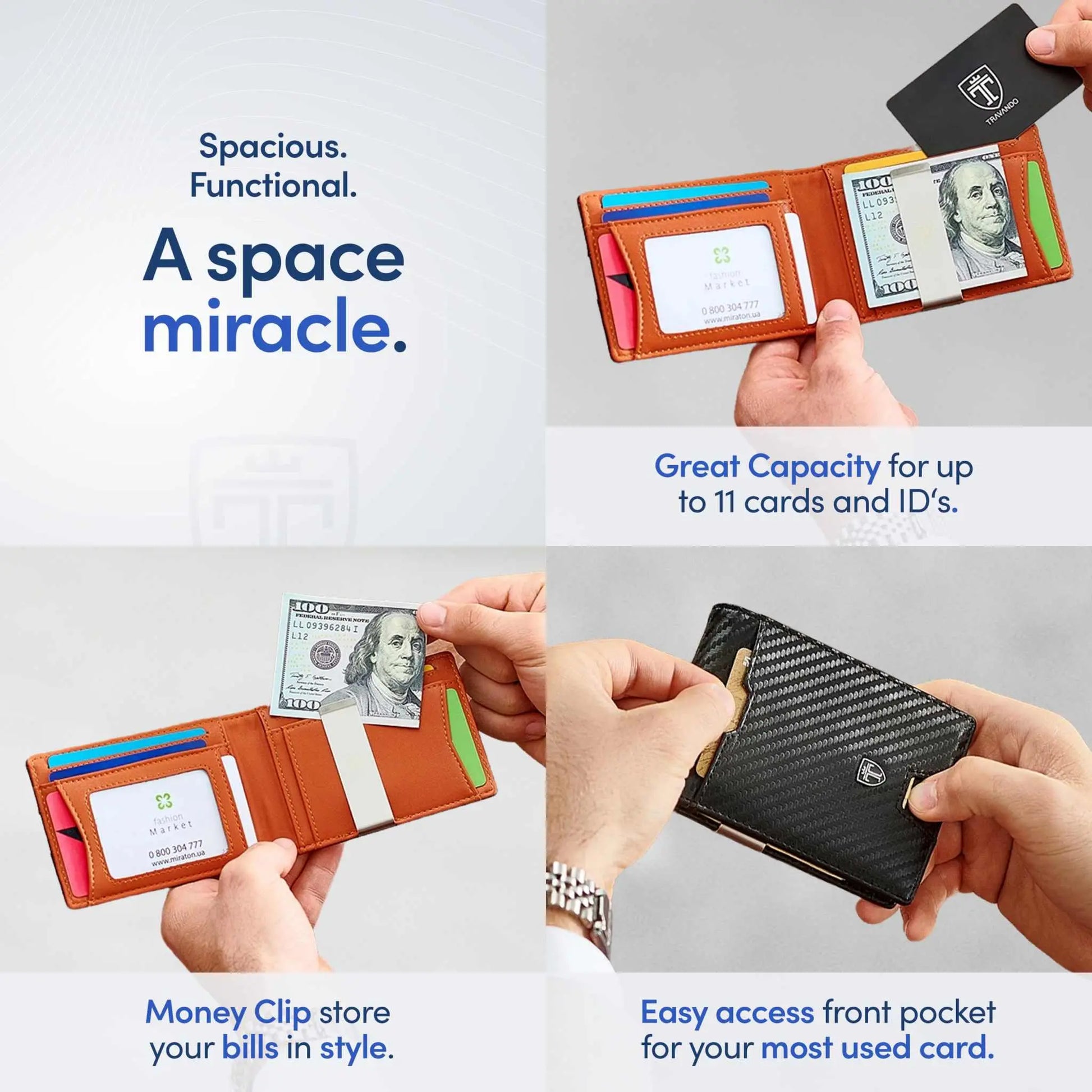 TRAVANDO Mens Slim Wallet with RFID blocking and money clip, featuring 11 card pockets, carbon finish, and compact design.