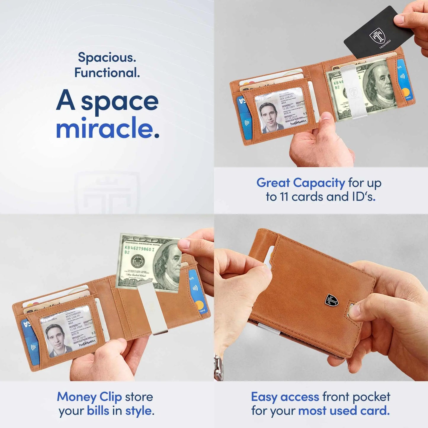 TRAVANDO Mens Slim Wallet with RFID blocking, money clip, and 11 card pockets
