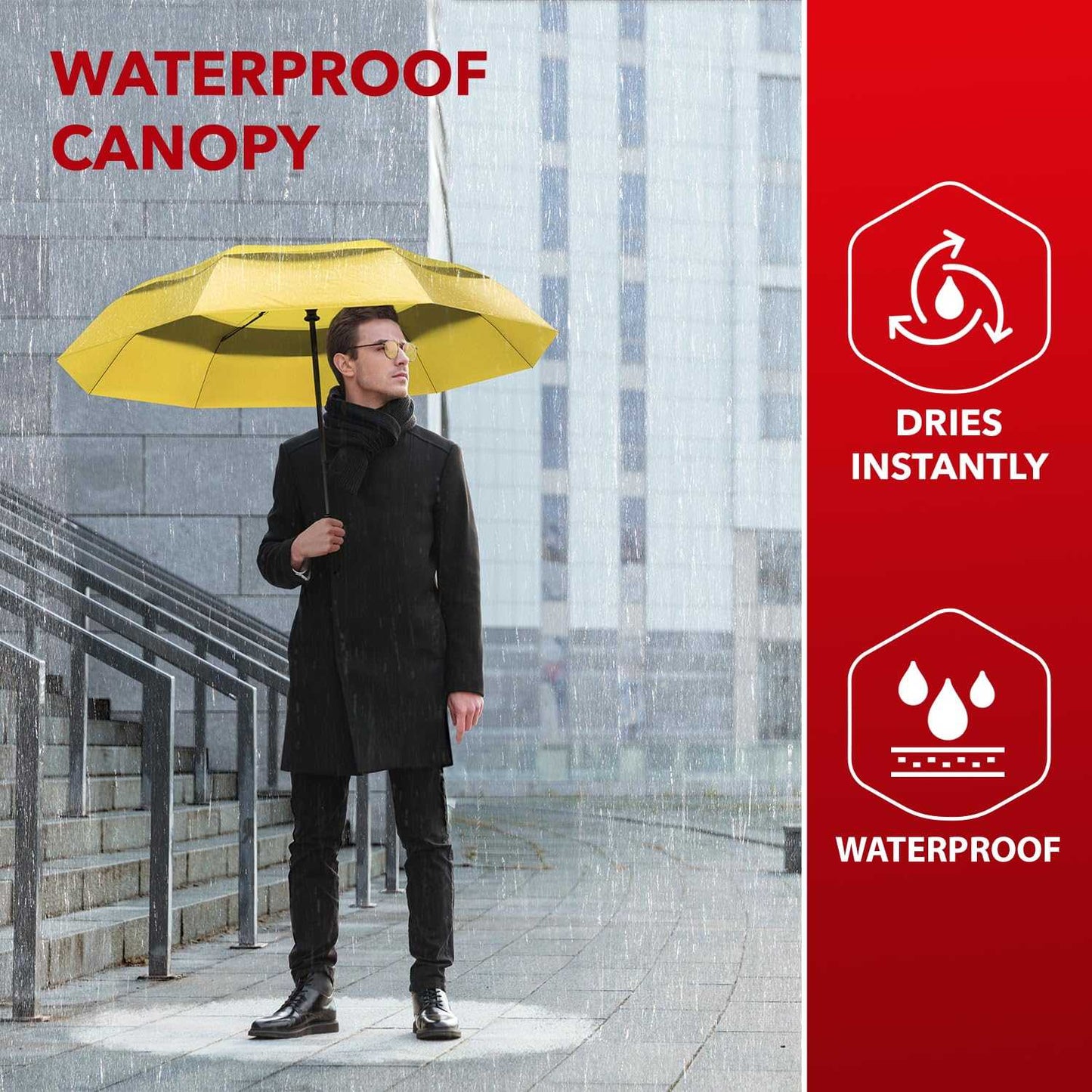 Man holding a yellow Repel Windproof Umbrella with waterproof canopy in the rain.