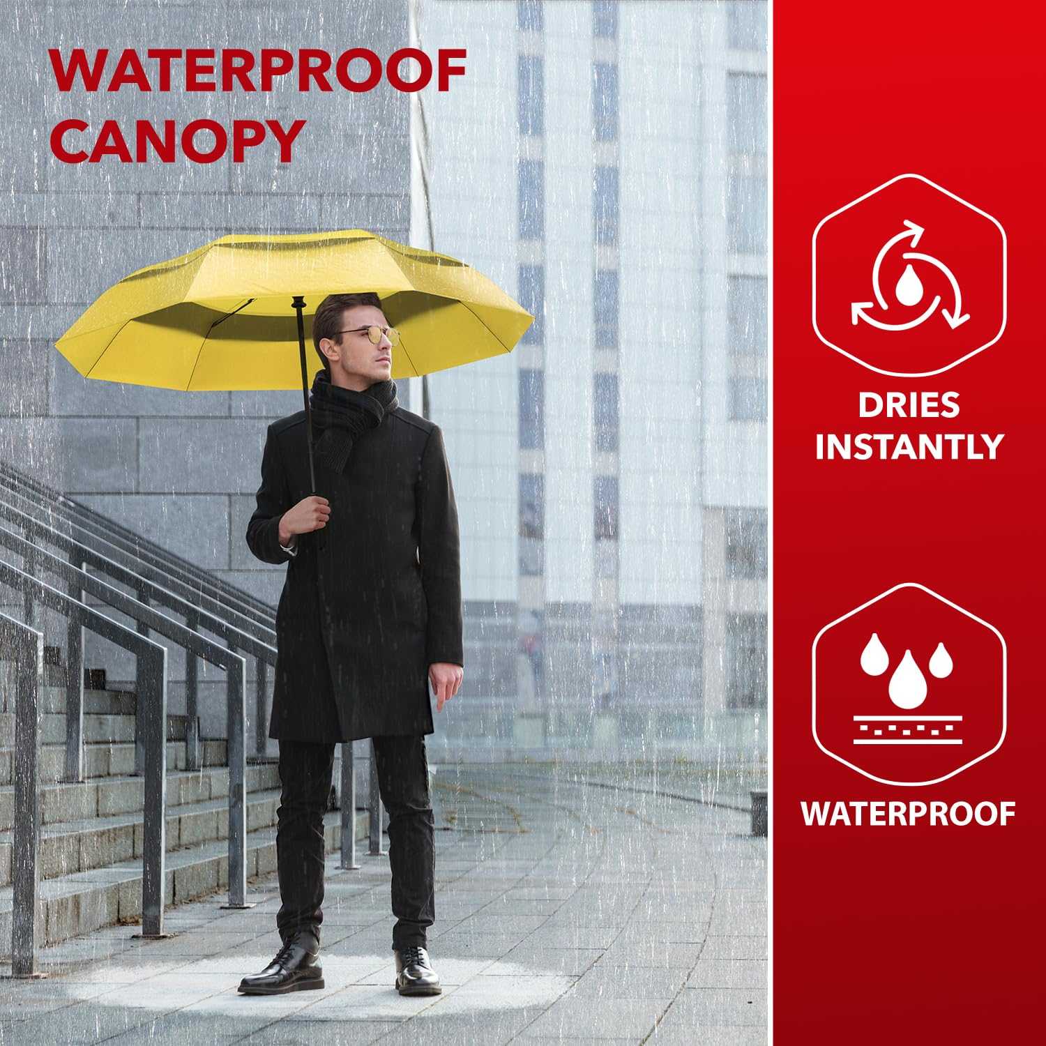 Man holding a yellow Repel Windproof Umbrella with waterproof canopy in the rain.