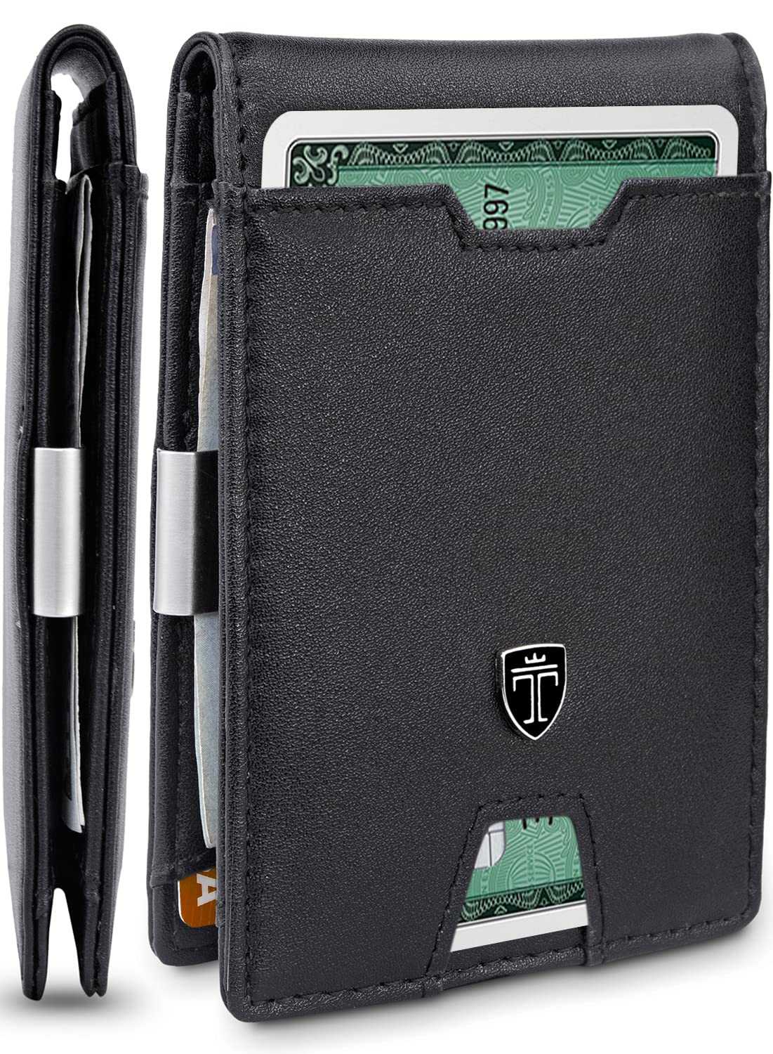 TRAVANDO Mens Slim Wallet with RFID blocking and money clip in black carbon design.