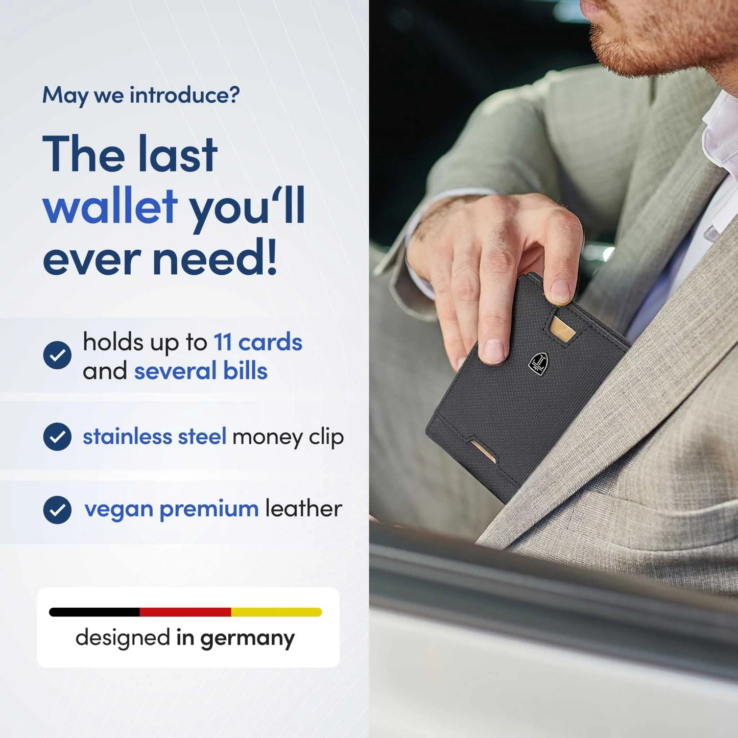 TRAVANDO Mens Slim Wallet with RFID protection and money clip, designed in Germany, perfect for cards and cash.