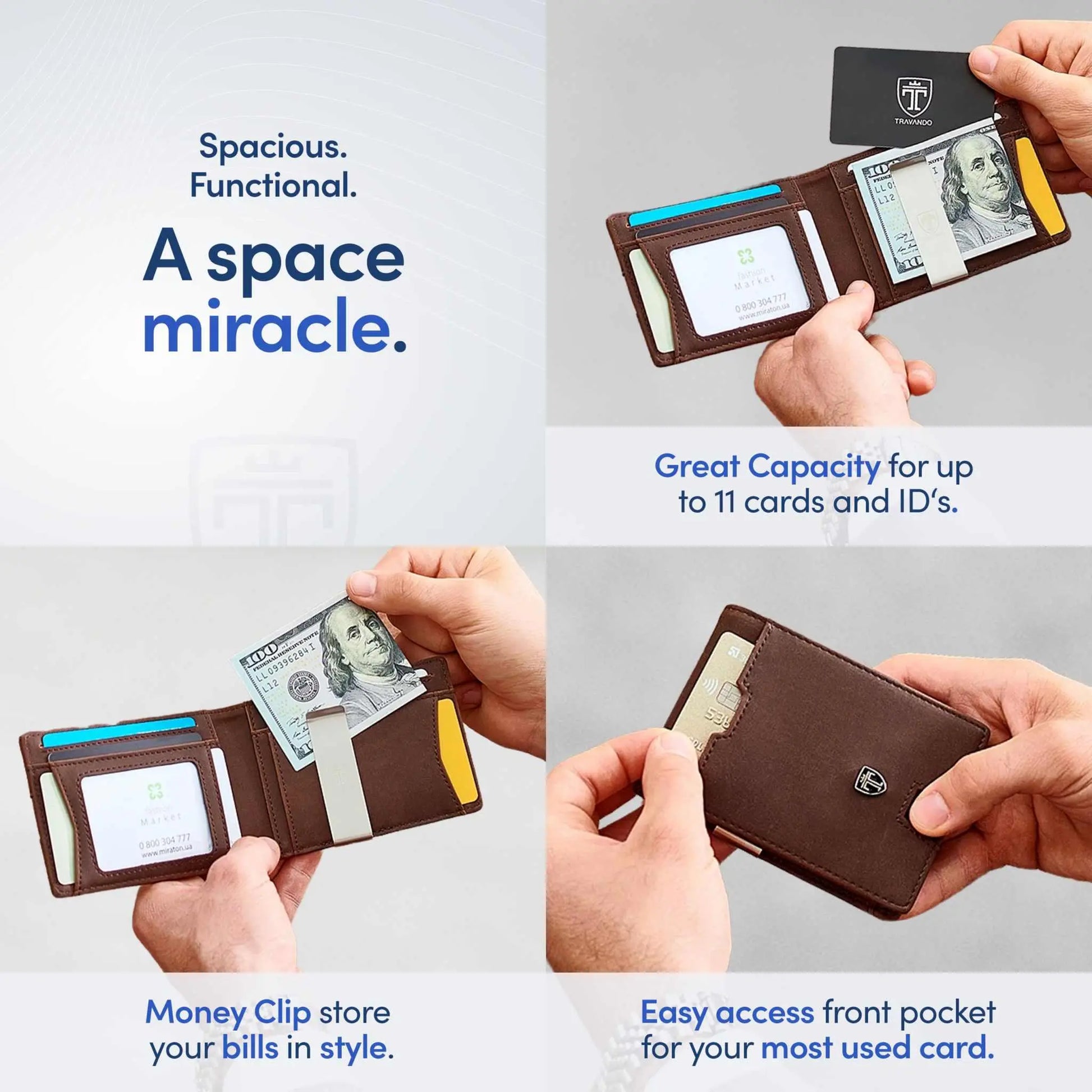 TRAVANDO Mens Slim Wallet with RFID blocking, 11 card pockets, and money clip.