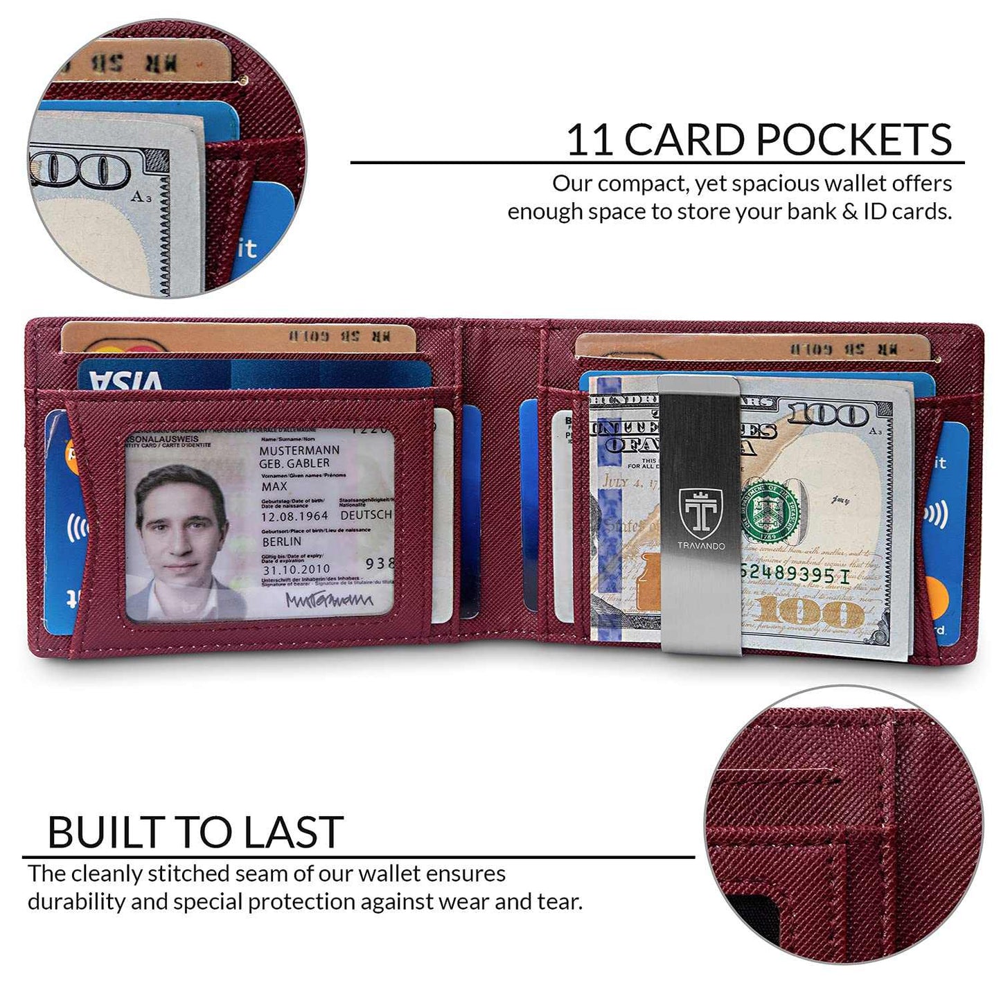 TRAVANDO Mens Slim Wallet with RFID blocking, 11 card pockets, and money clip in carbon design.
