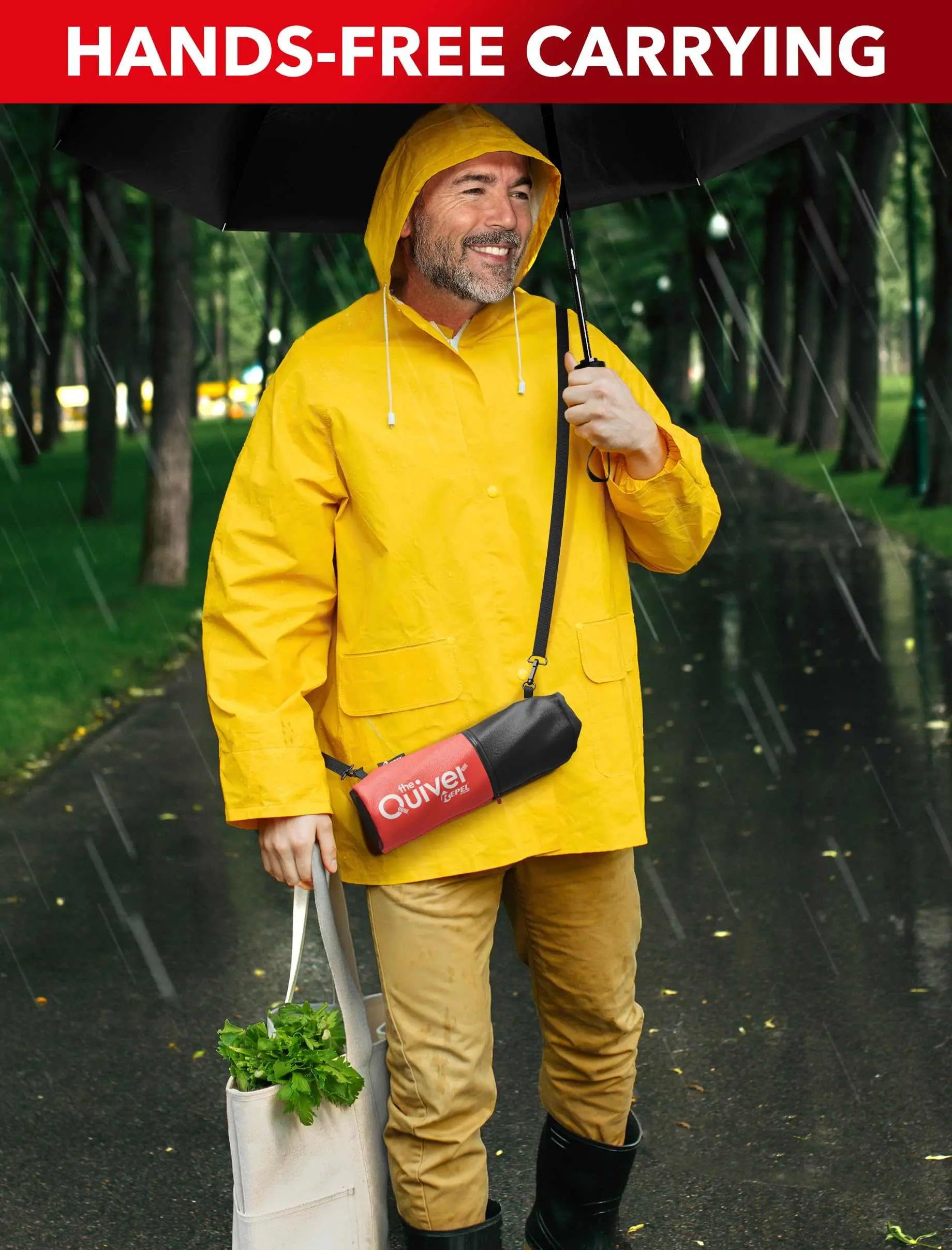 Repel Umbrella Windproof in use during rain, featuring hands-free carrying with a durable, waterproof canopy.