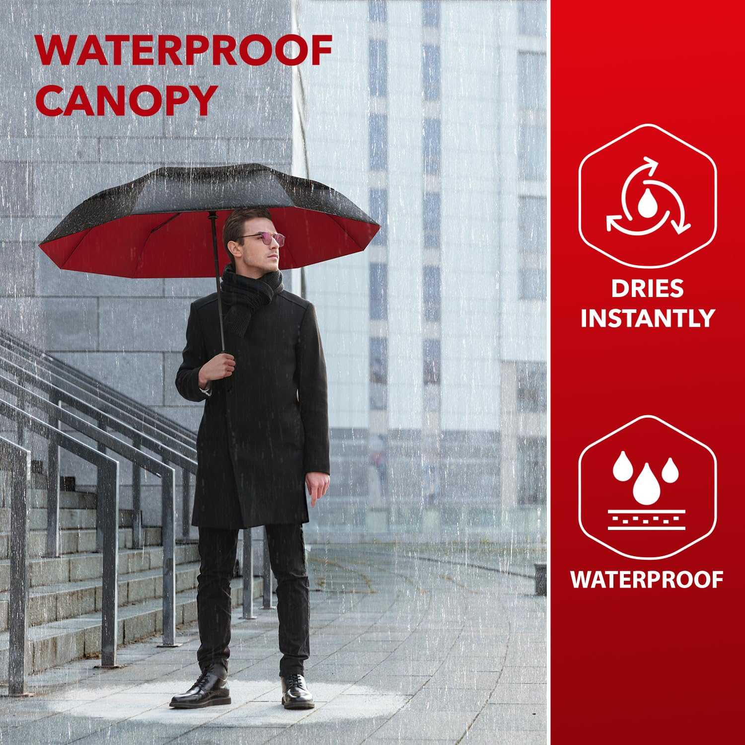 Waterproof Repel Umbrella Windproof with Red Canopy in Rain