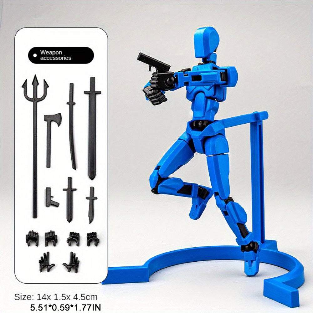3D printed assembled puppet toy with flexible joints in blue, featuring various weapon accessories for creative play.