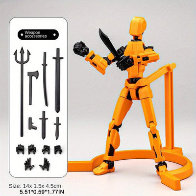 3D printed assembled puppet toy with movable joints and weapon accessories.