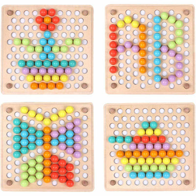Montessori wooden peg board game with colorful pegs for sorting, stacking, and counting activities.