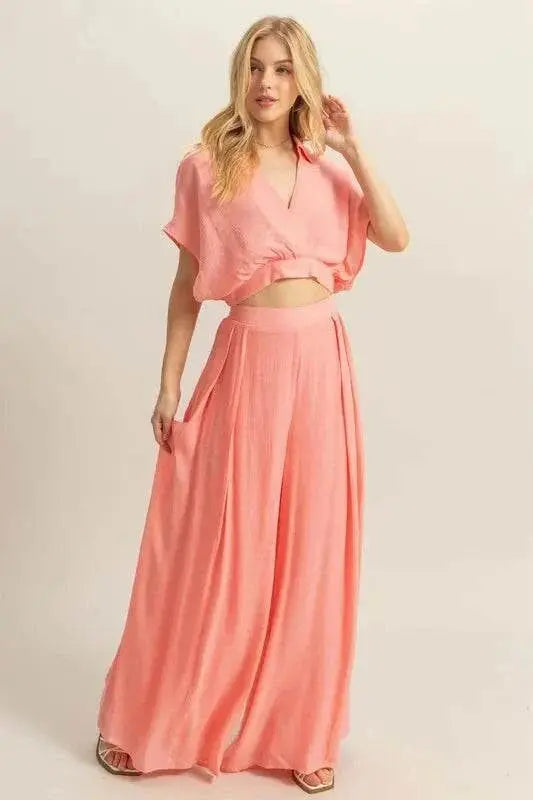Kimono Sleeve Crop Top and Wide Leg Pants Set in pink displaying elegant, flowy design.