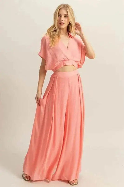 Kimono Sleeve Crop Top and Wide Leg Pants Set in pink displaying elegant, flowy design.