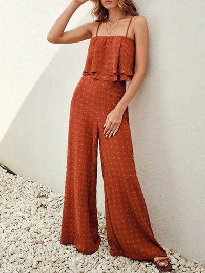 Swiss Dot Layered Cami and Pants Set in rust color worn by model.