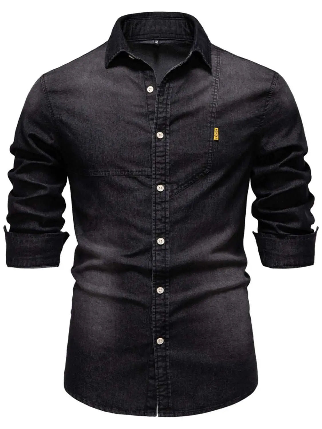 Men's button down collared denim shirt, slightly stretchy, 95% cotton, black.